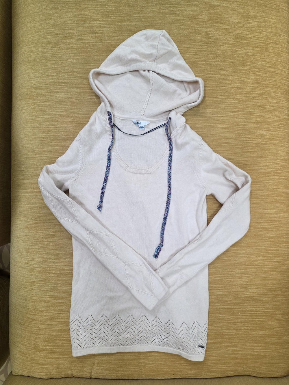 Volcom Light Pink Hooded Knit Pullover with Braided Drawstrings